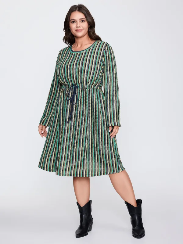 Multi-Color Stripe Drawstring Waist Midi Dress sold by Bloomchic