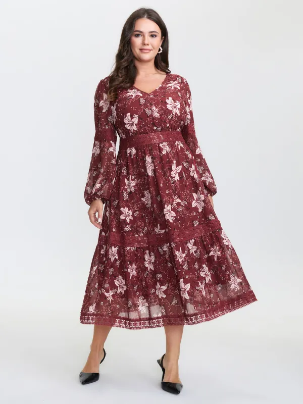 Floral Lace Trim Shirred Waist Midi Dress sold by Bloomchic