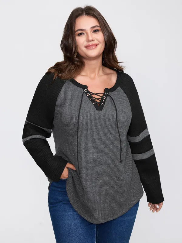 Color Contrast Stripe Textured Cross-Tie T-Shirt sold by Bloomchic