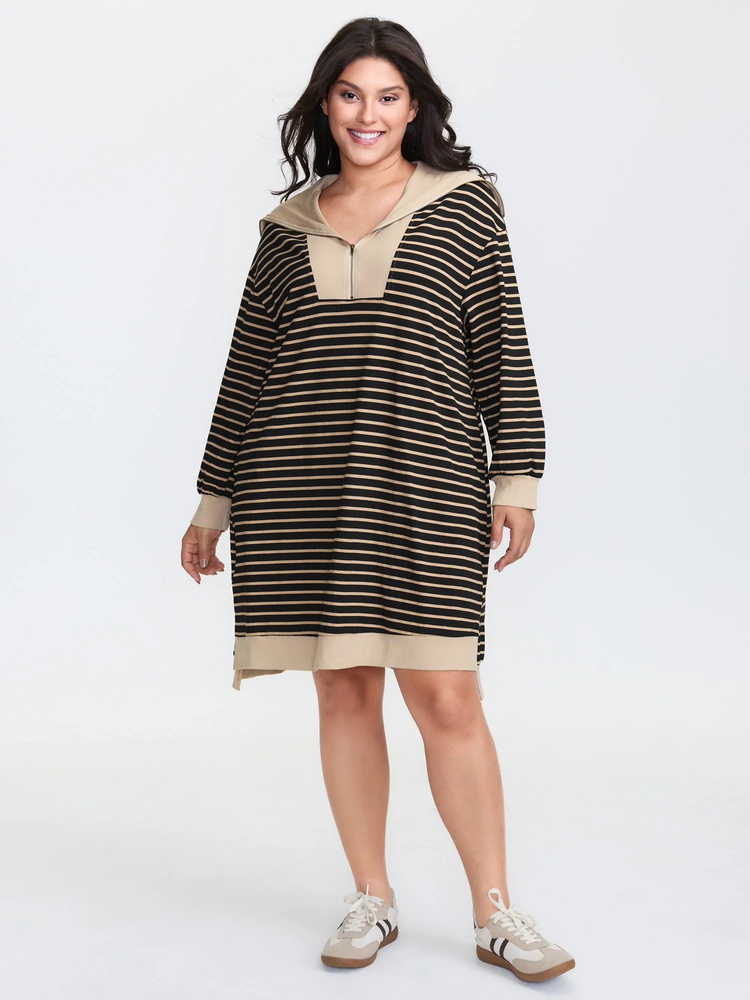 Stripe Folded Collar Half Zipper Midi Dress sold by Bloomchic product image thumbnail 3