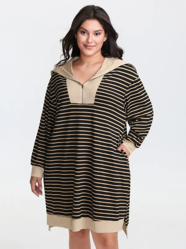 Stripe Folded Collar Half Zipper Midi Dress sold by Bloomchic