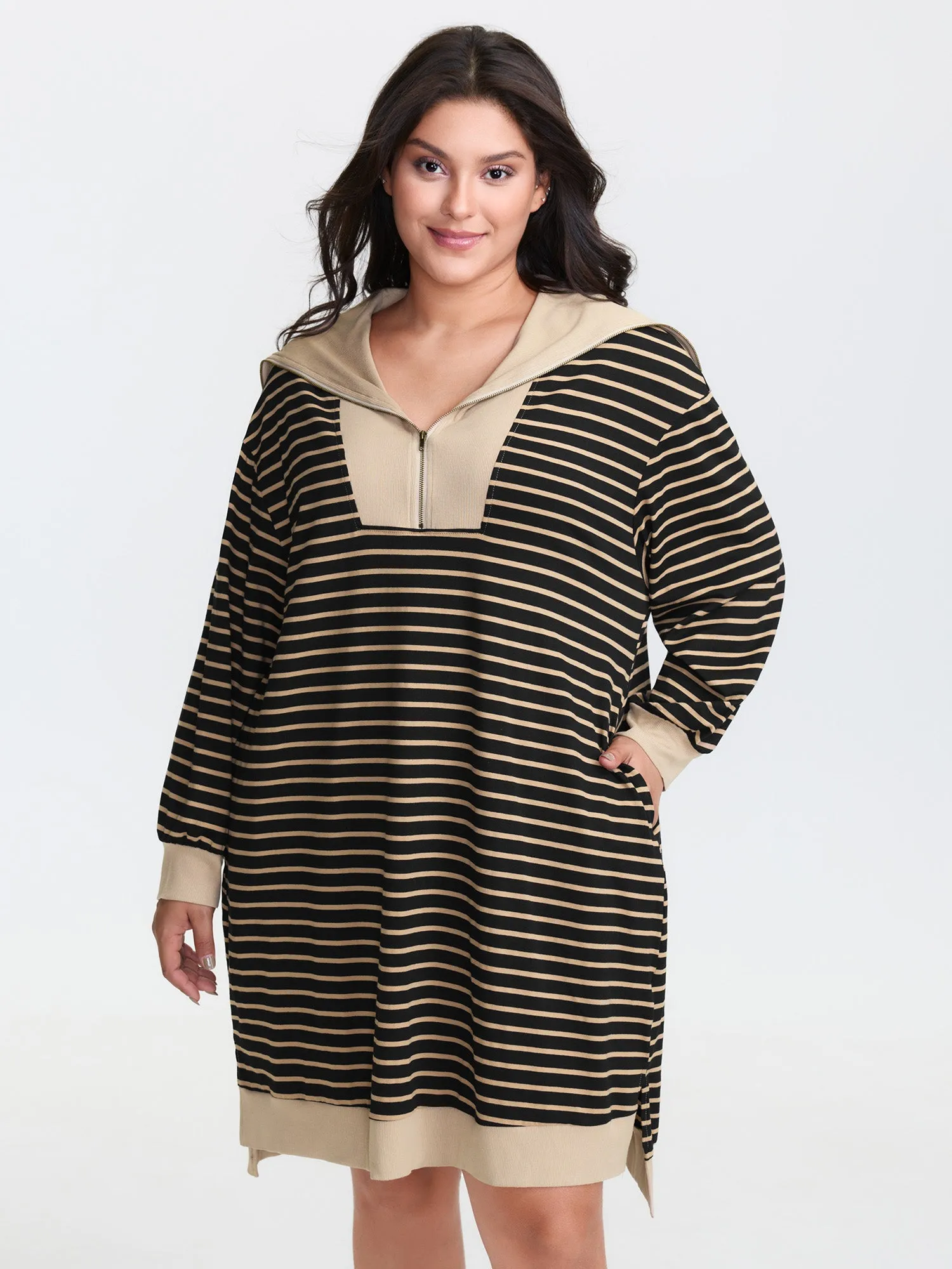 Stripe Folded Collar Half Zipper Midi Dress sold by Bloomchic