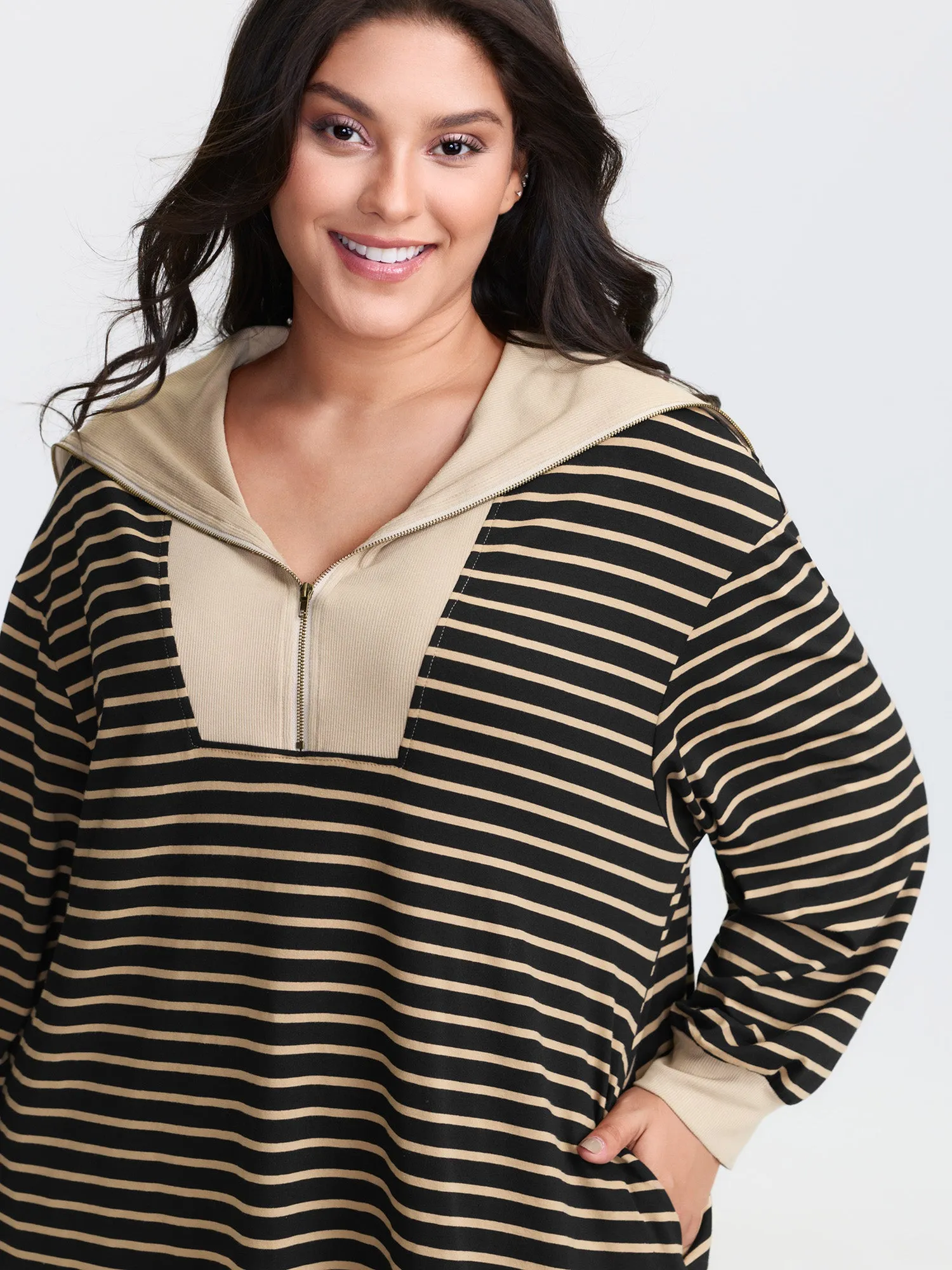 Stripe Folded Collar Half Zipper Midi Dress sold by Bloomchic product image thumbnail 4