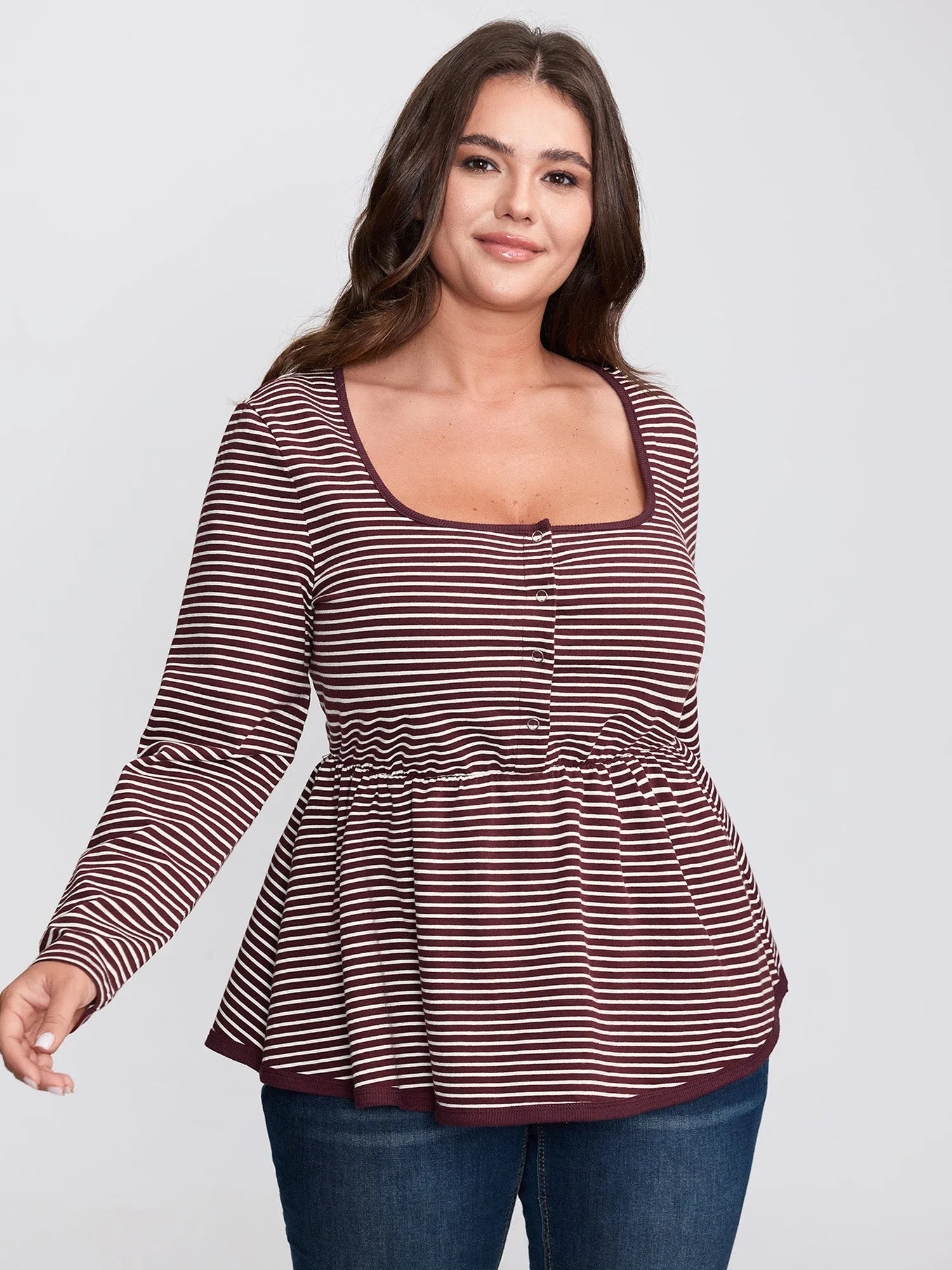 Stripe Scoop Neck Cinched-Waist T-Shirt sold by Bloomchic