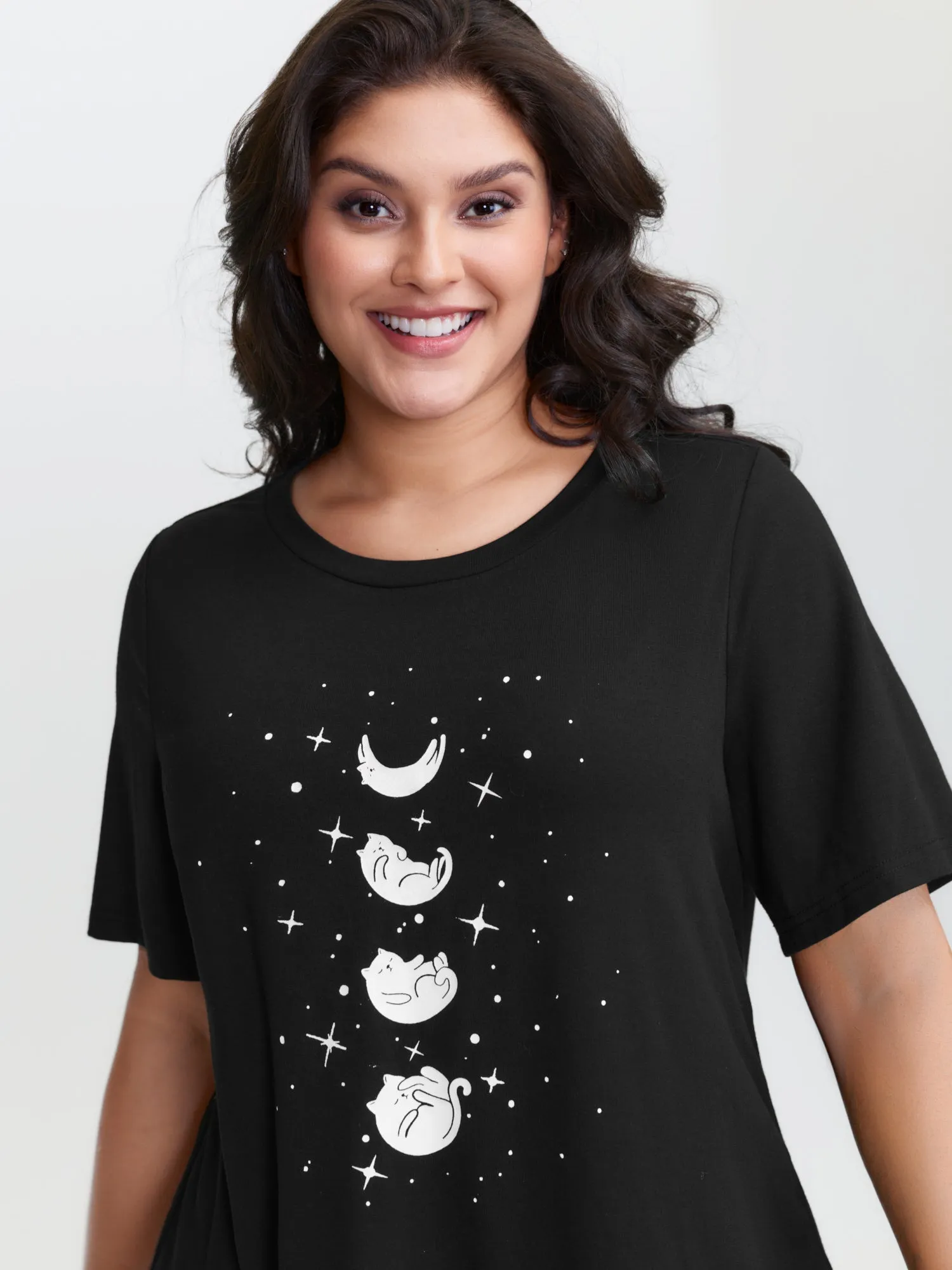 Midnight Cat Pattern Round Neck T-Shirt sold by Bloomchic