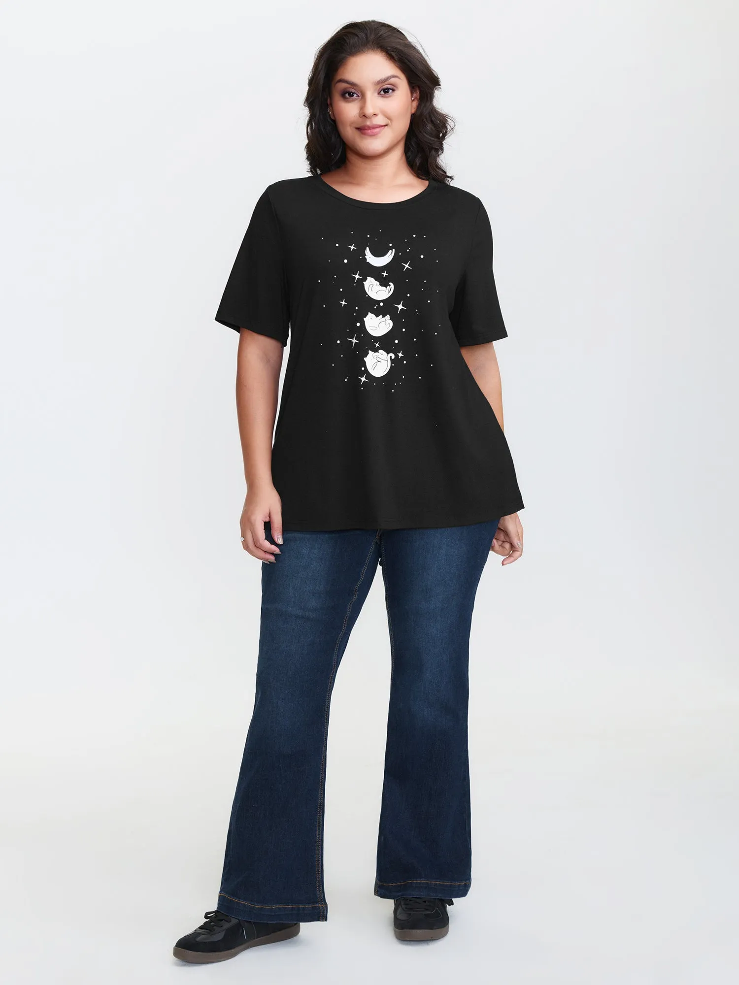 Midnight Cat Pattern Round Neck T-Shirt sold by Bloomchic product image thumbnail 3