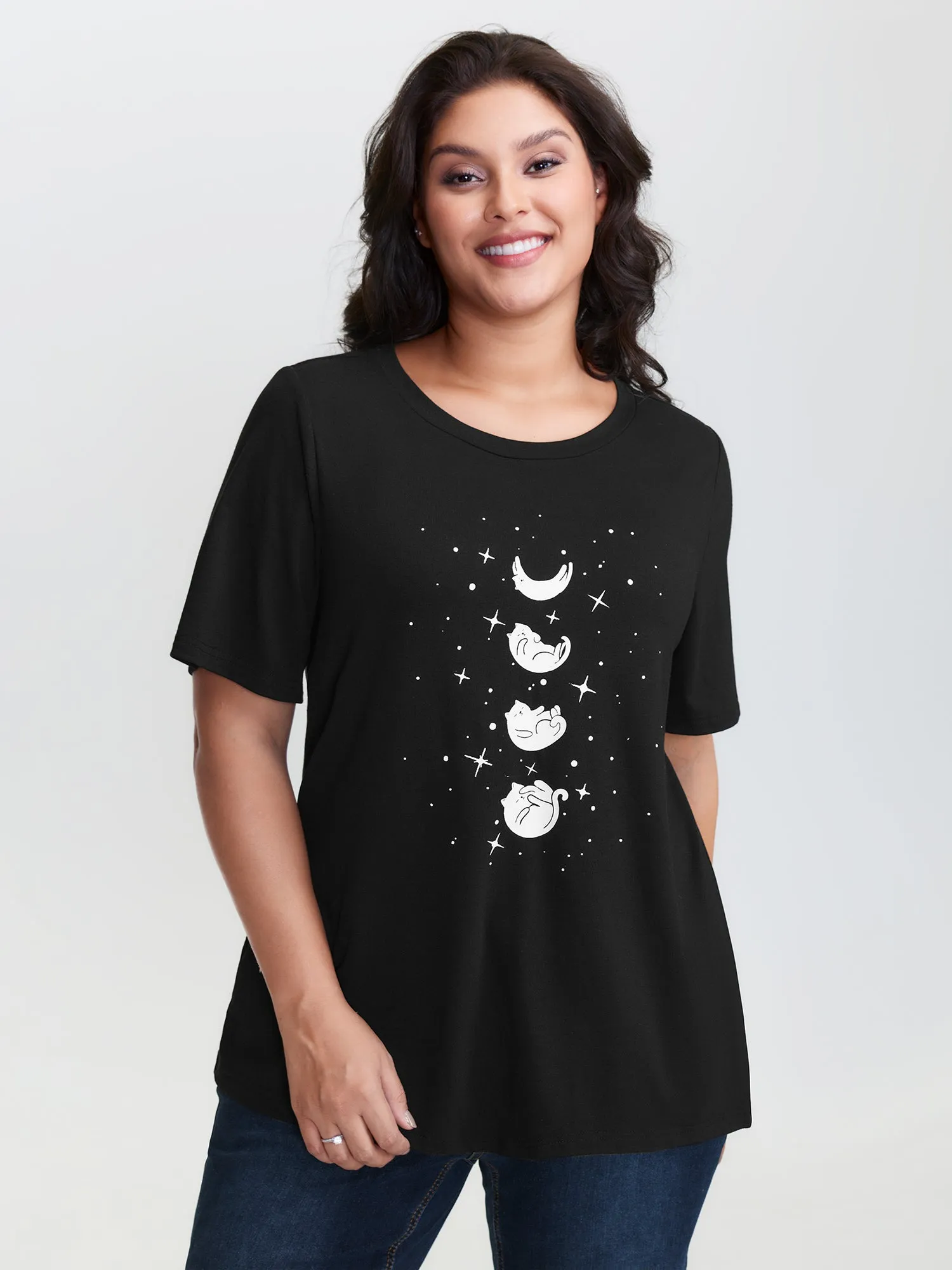 Midnight Cat Pattern Round Neck T-Shirt sold by Bloomchic product image thumbnail 2