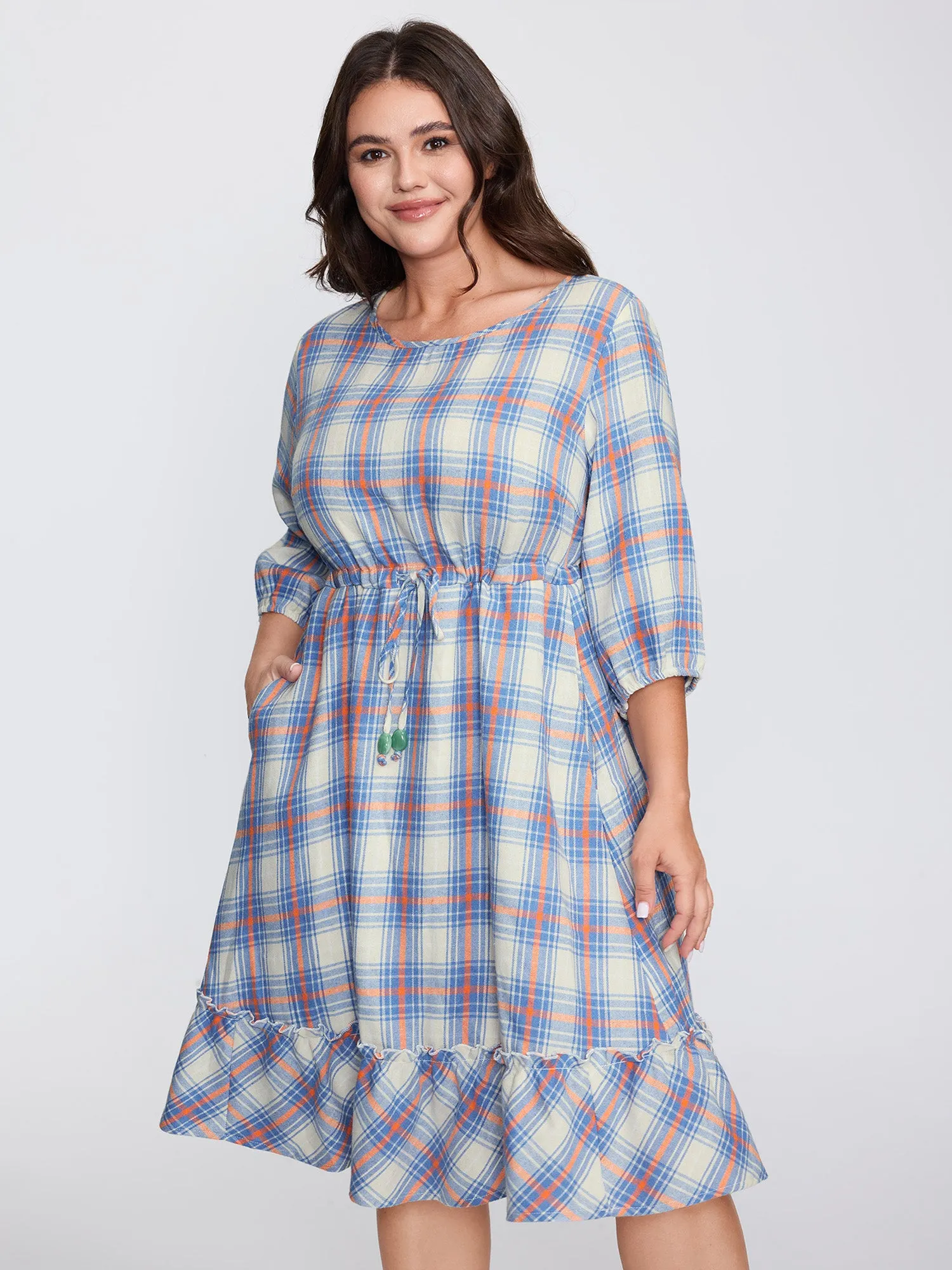 Plaid Print Drawstring Waist Pockets Midi Dress sold by Bloomchic product image thumbnail 3