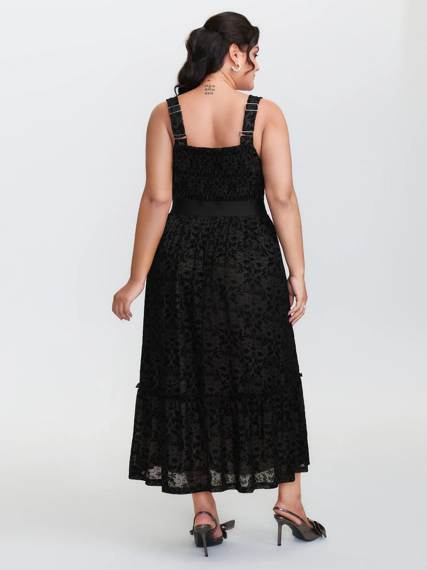 Floral Flocked Shirred Mesh Maxi Dress sold by Bloomchic product image thumbnail 4