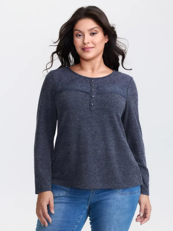 Ribbed Lace Trim Button Detail T-Shirt sold by Bloomchic