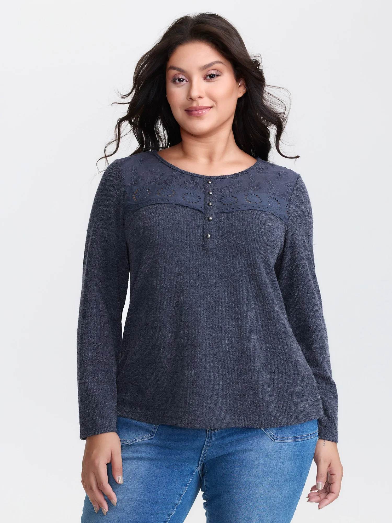 Ribbed Lace Trim Button Detail T-Shirt sold by Bloomchic