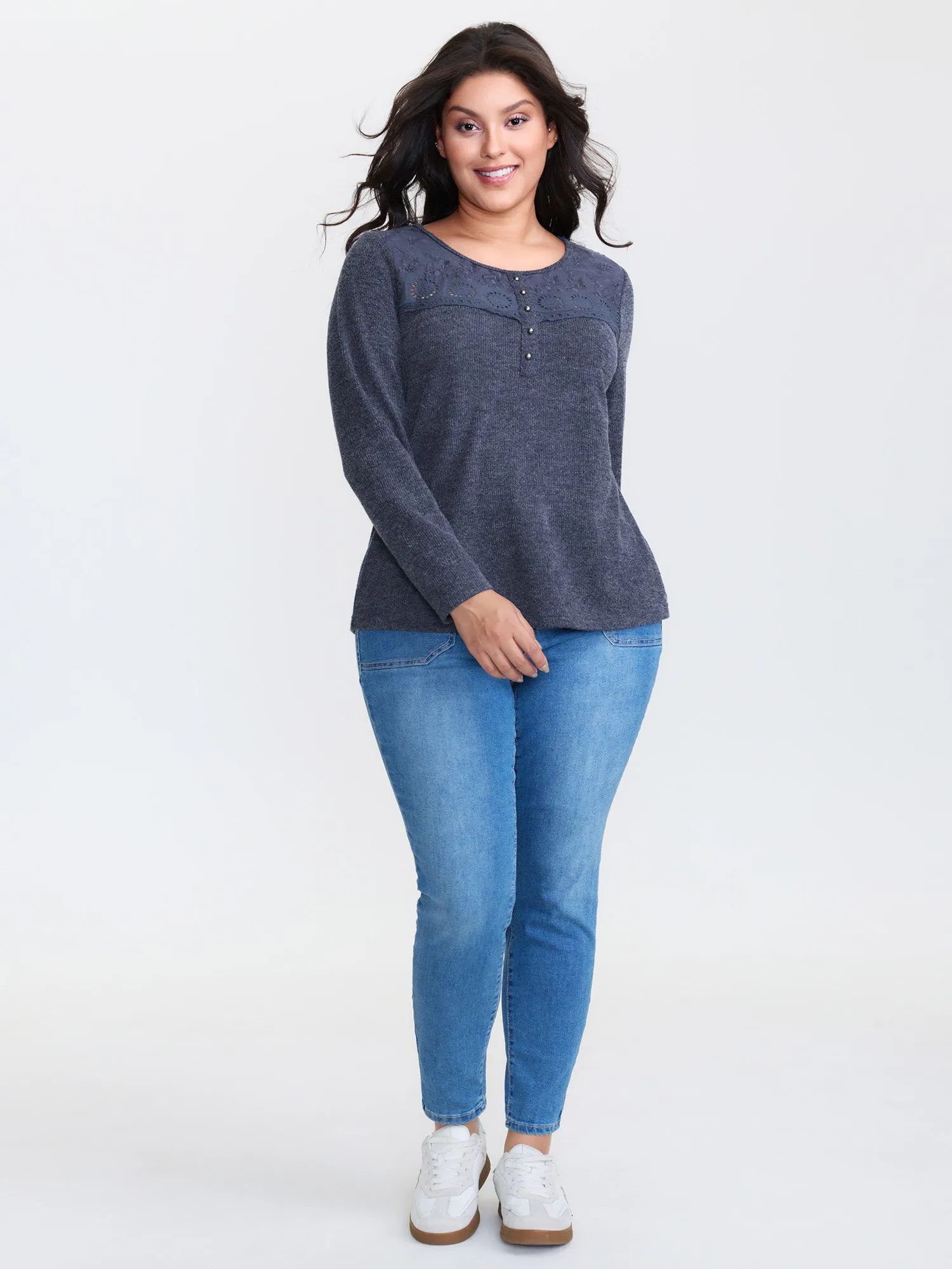 Ribbed Lace Trim Button Detail T-Shirt sold by Bloomchic product image thumbnail 2