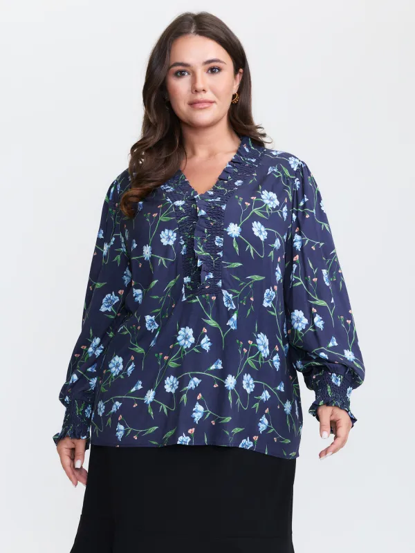 Rayon Floral Print Shirred Collar Blouse sold by Bloomchic
