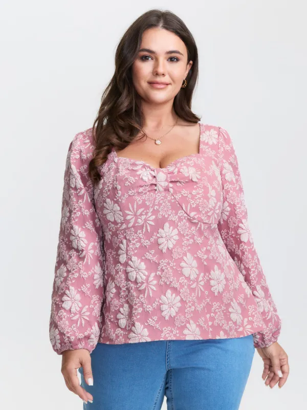 Floral Sweetheart Neck Shirred Jacquard Blouse sold by Bloomchic