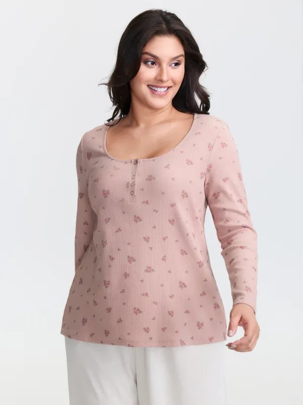 Floral Print Ribbed Button Lounge Top sold by Bloomchic