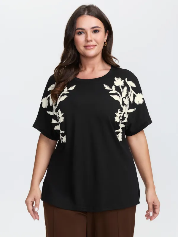 Supersoft Floral Embroidered Round Neck T-Shirt sold by Bloomchic
