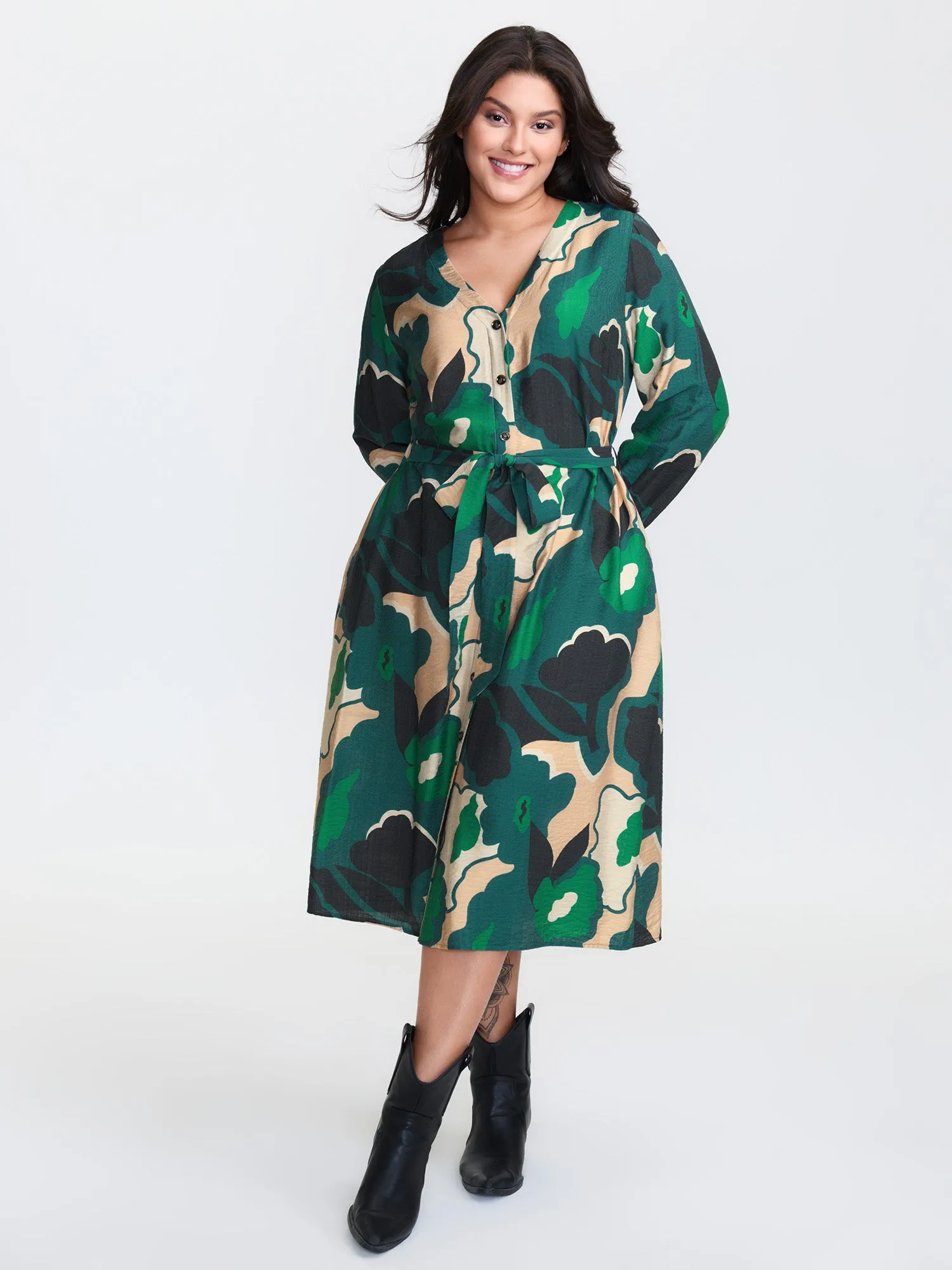 Supersoft Split Hem Belted Abstract Midi Dress sold by Bloomchic product image thumbnail 2