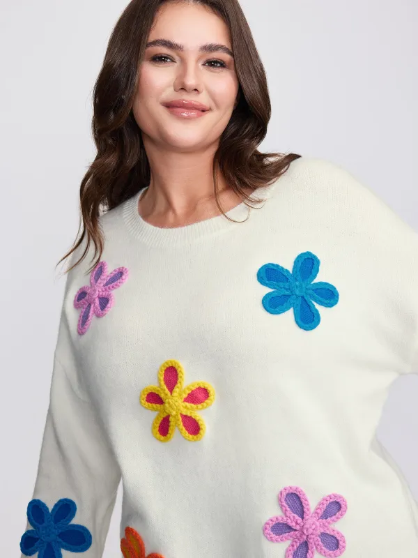 Supersoft Multi-Color Floral Crochet Round Neck Pullover sold by Bloomchic
