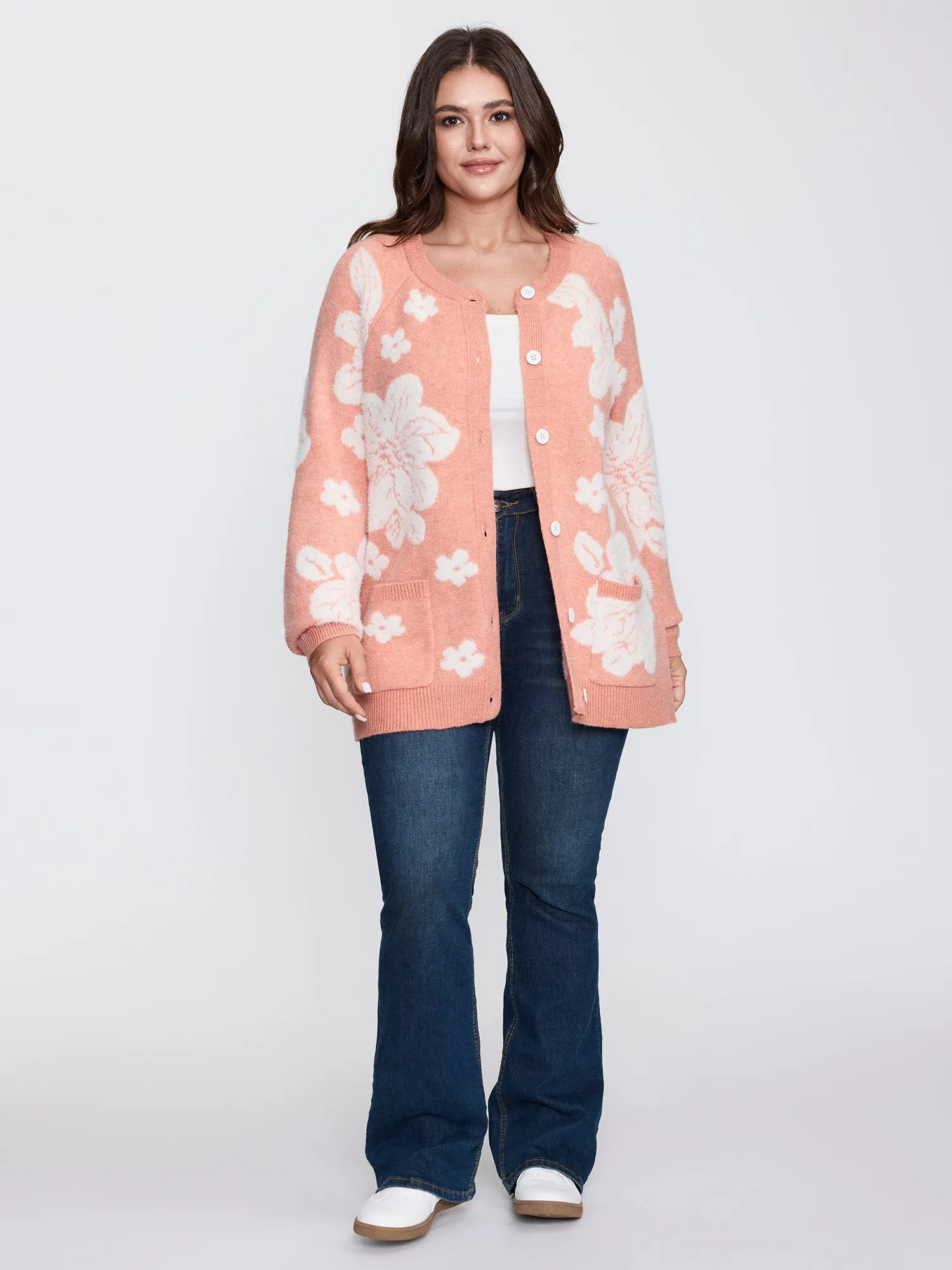Supersoft Floral Pattern Round Neck Stretchy Knit Cardigan sold by Bloomchic product image thumbnail 2