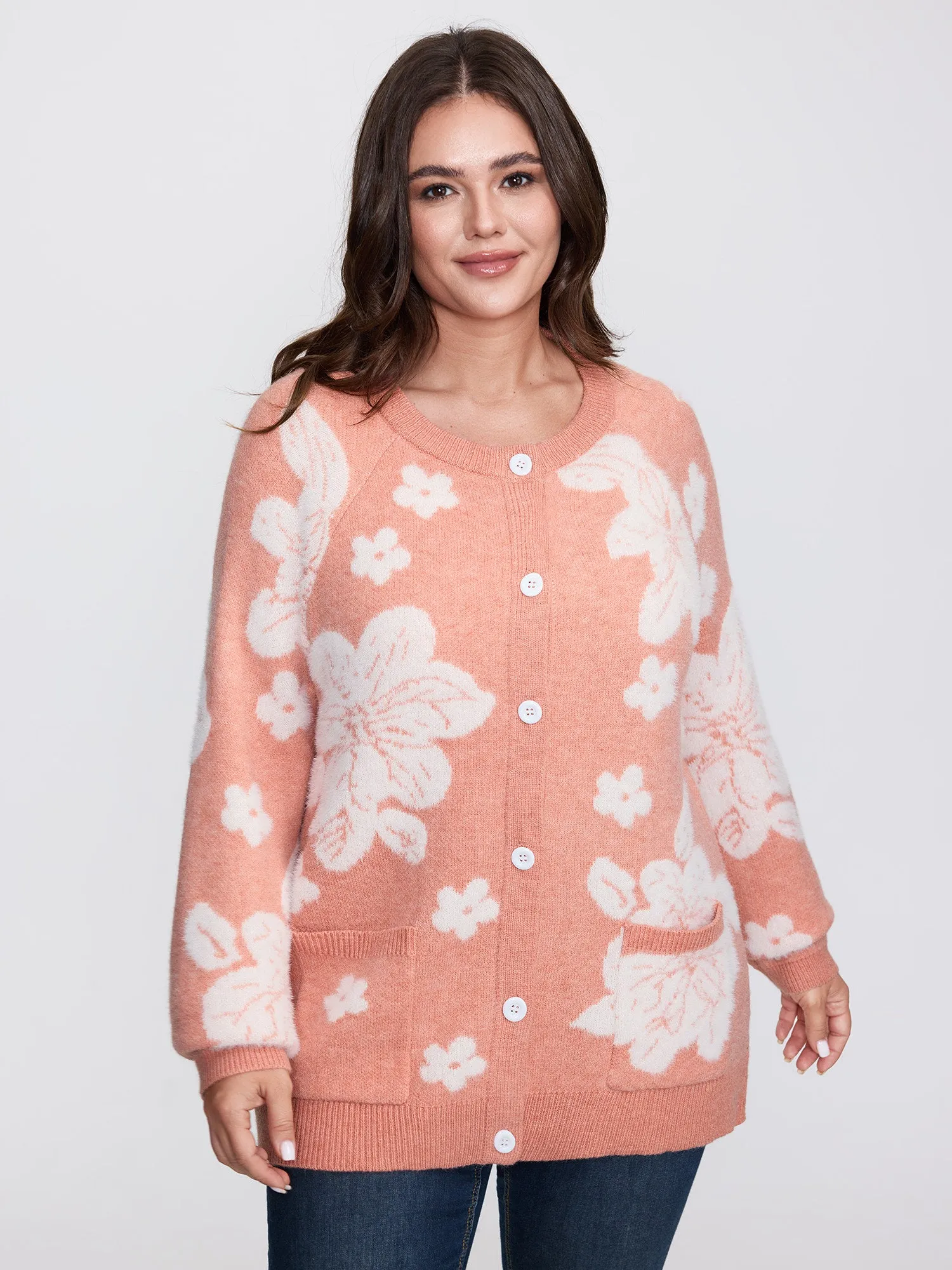Supersoft Floral Pattern Round Neck Stretchy Knit Cardigan sold by Bloomchic