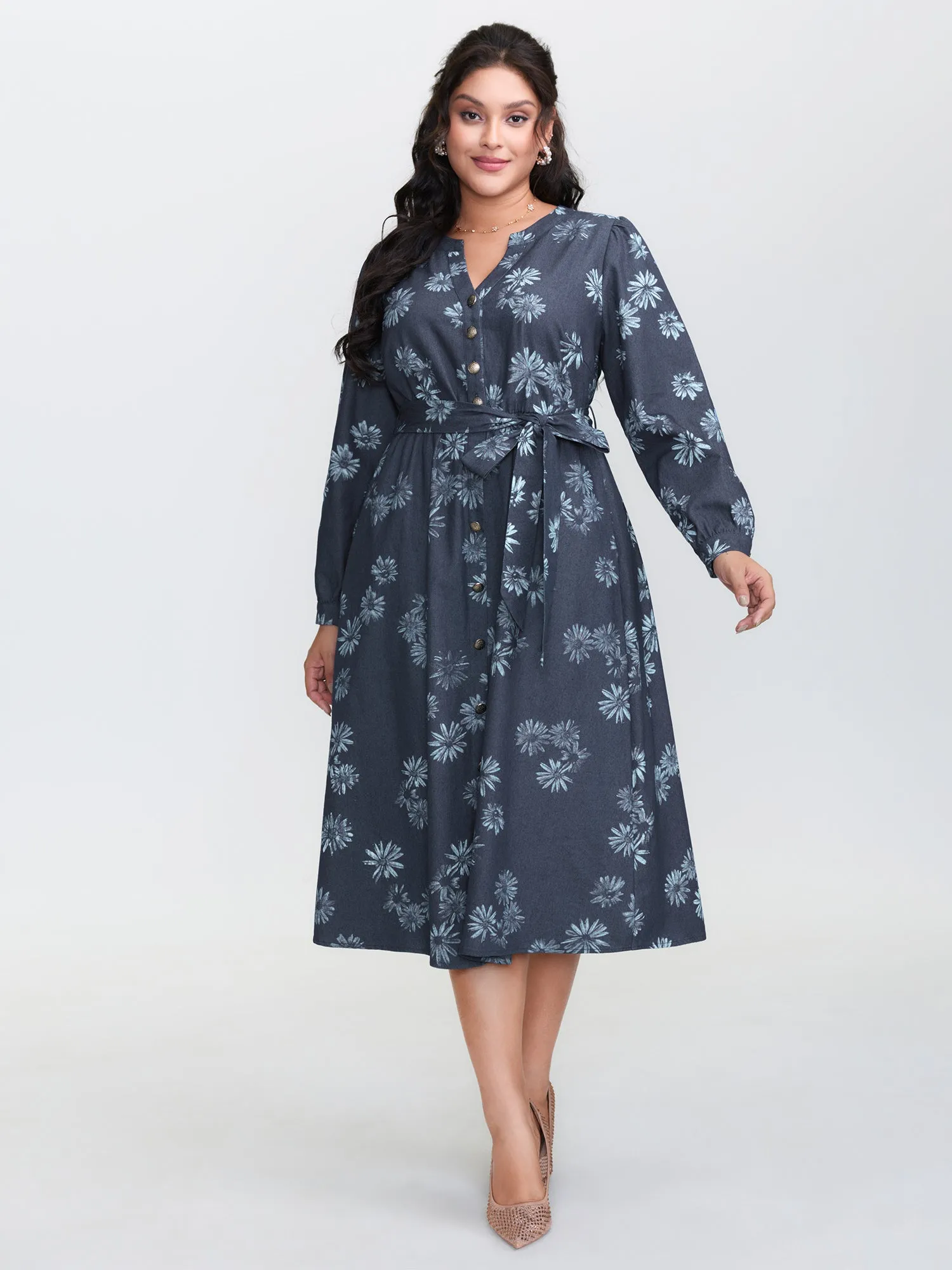 Floral Print Belted Waist Midi Denim Dress sold by Bloomchic product image thumbnail 3