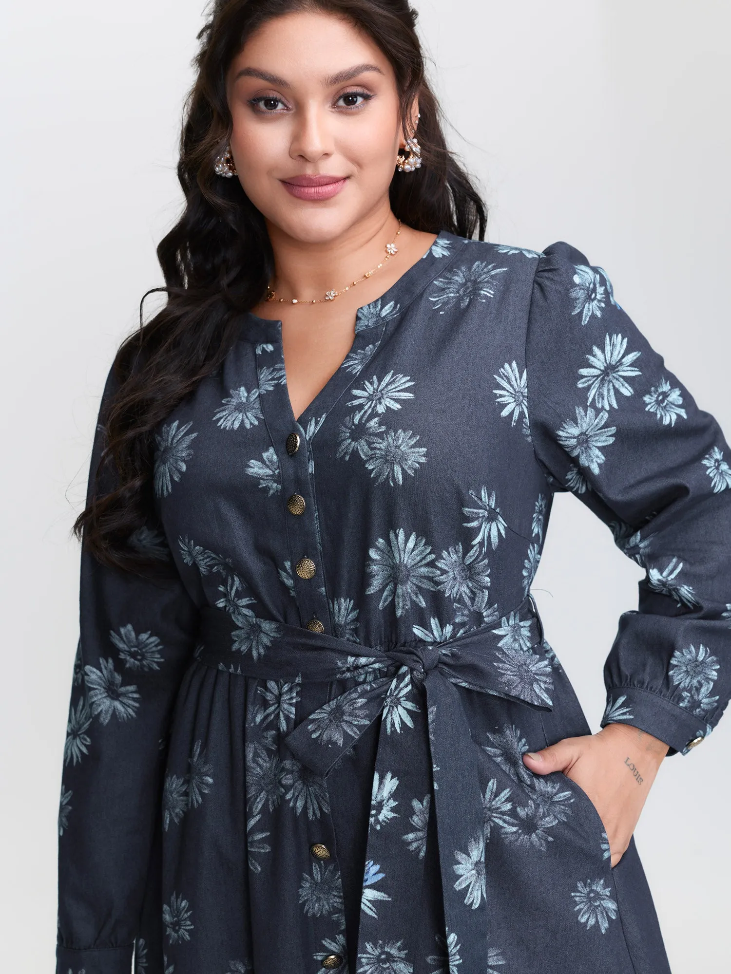 Floral Print Belted Waist Midi Denim Dress sold by Bloomchic product image thumbnail 2