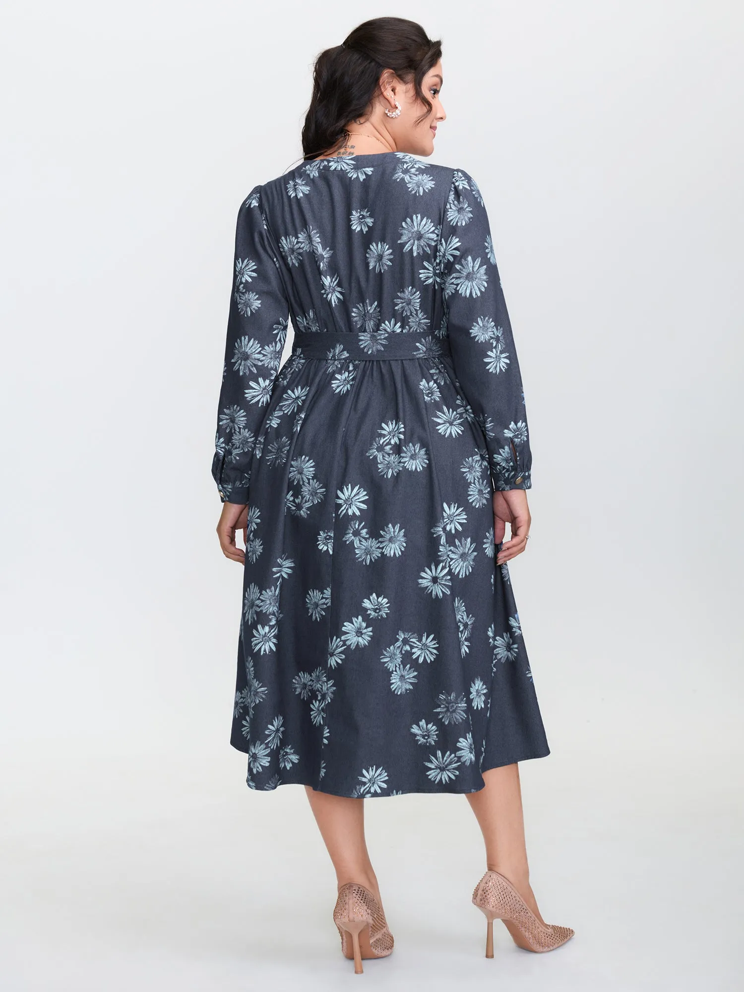 Floral Print Belted Waist Midi Denim Dress sold by Bloomchic product image thumbnail 4