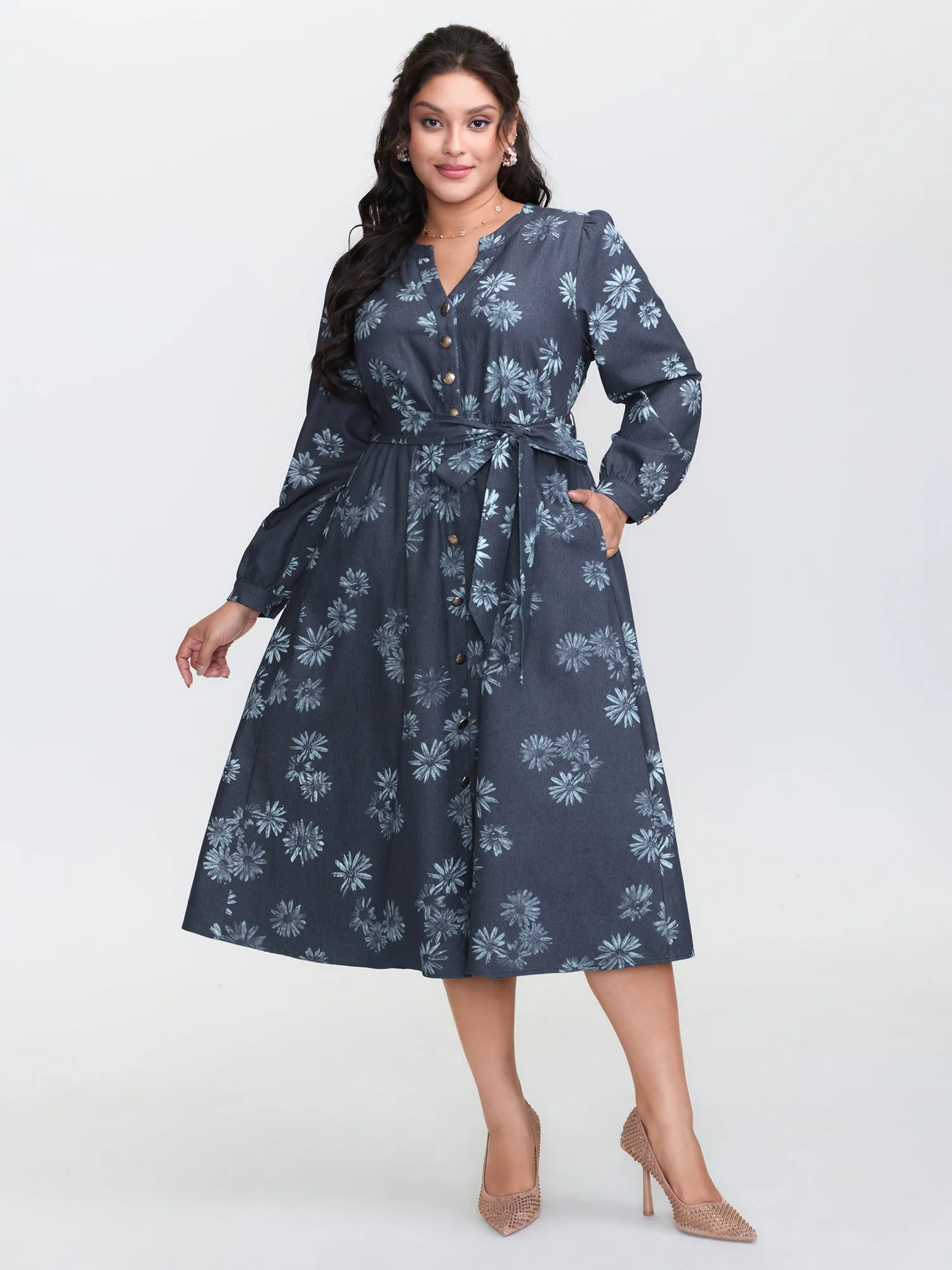 Floral Print Belted Waist Midi Denim Dress sold by Bloomchic