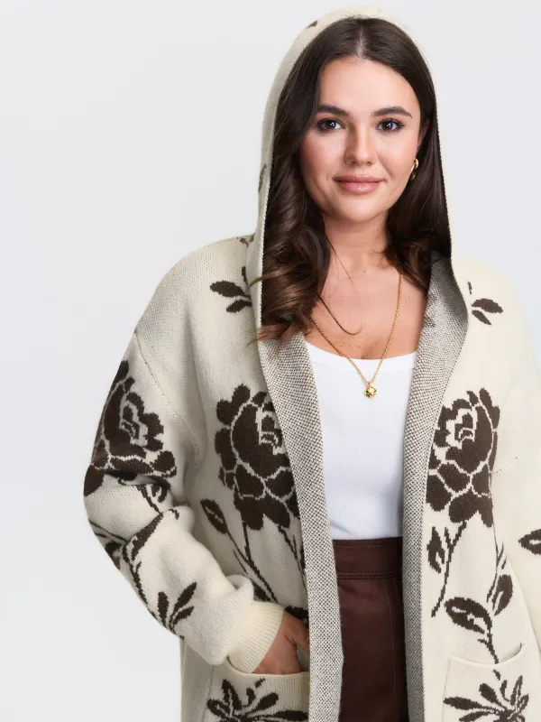 Floral Jacquard Hooded Contrast Knit Cardigan sold by Bloomchic