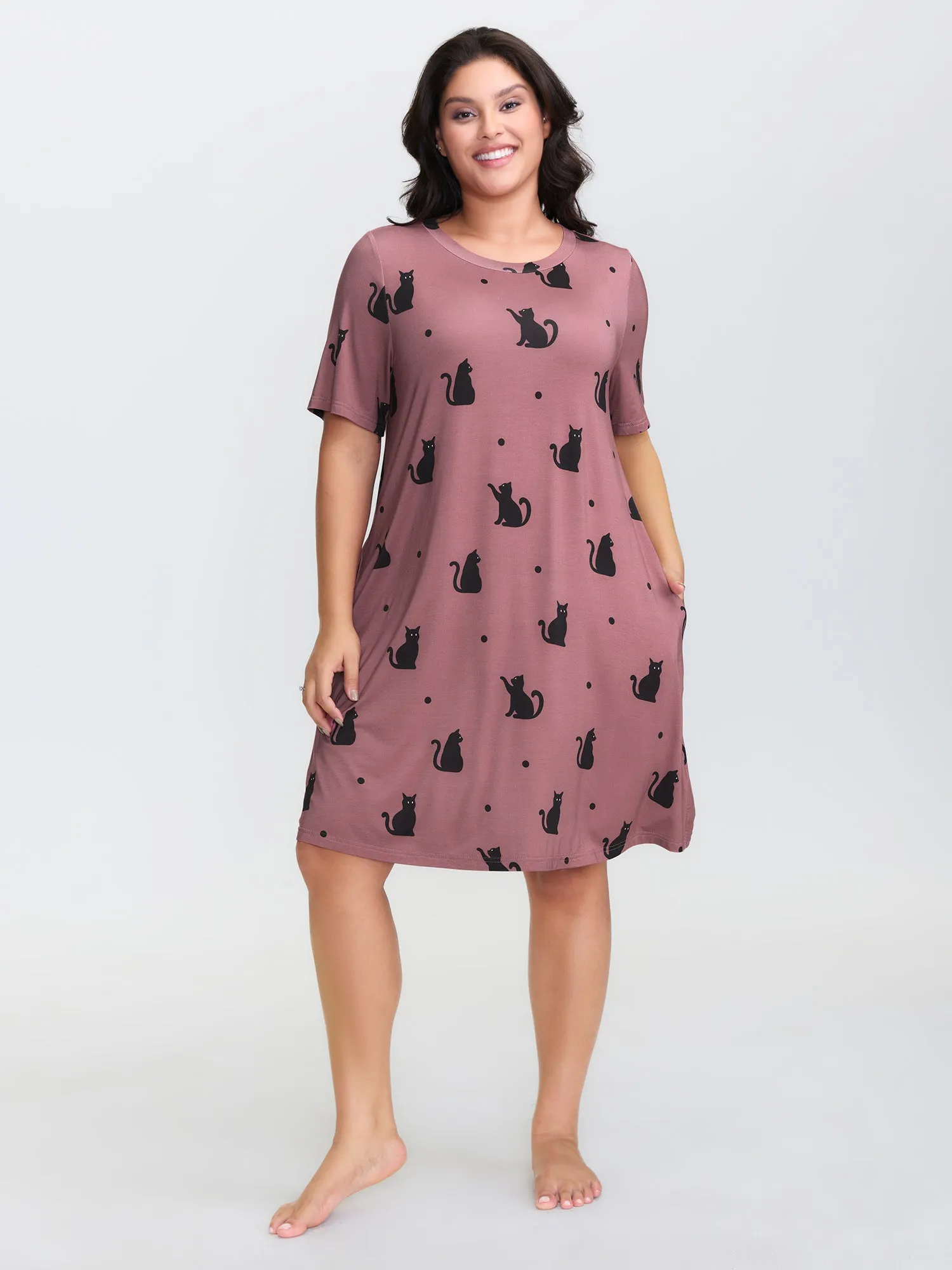Stretchy Cat Print Round Neck Lounge Dress sold by Bloomchic product image thumbnail 3