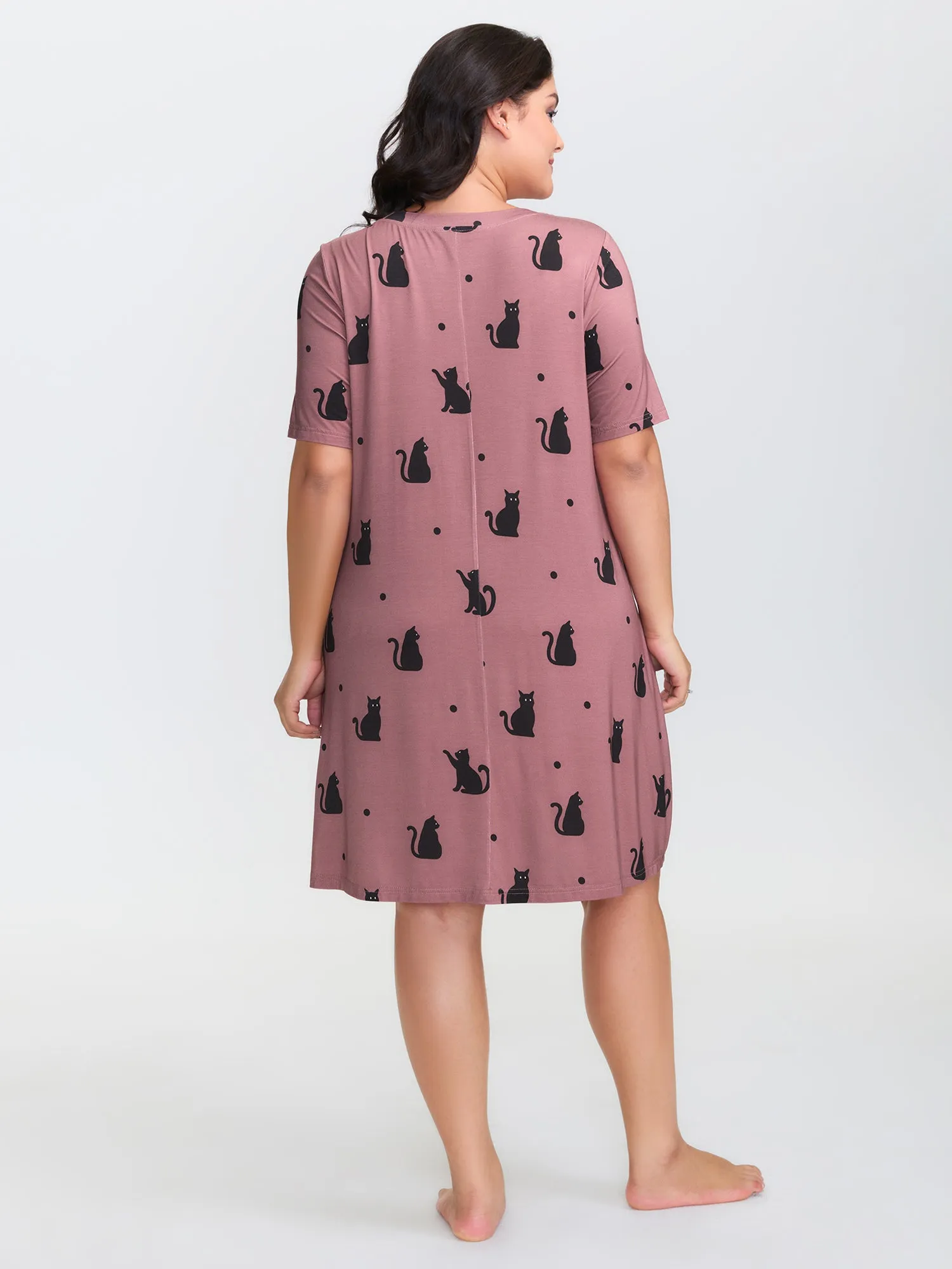 Stretchy Cat Print Round Neck Lounge Dress sold by Bloomchic product image thumbnail 4