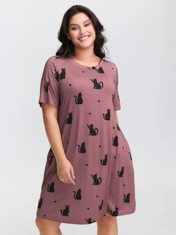 Stretchy Cat Print Round Neck Lounge Dress sold by Bloomchic