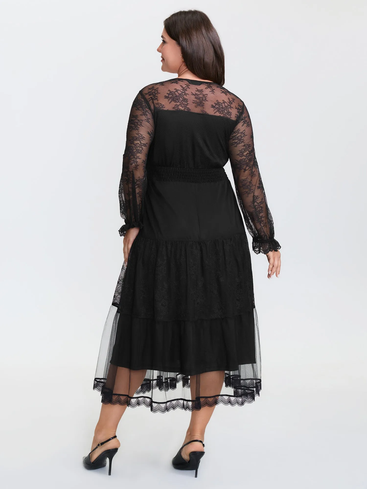 Sheer Lace Trim Stretchy Waist Midi Dress sold by Bloomchic product image thumbnail 5