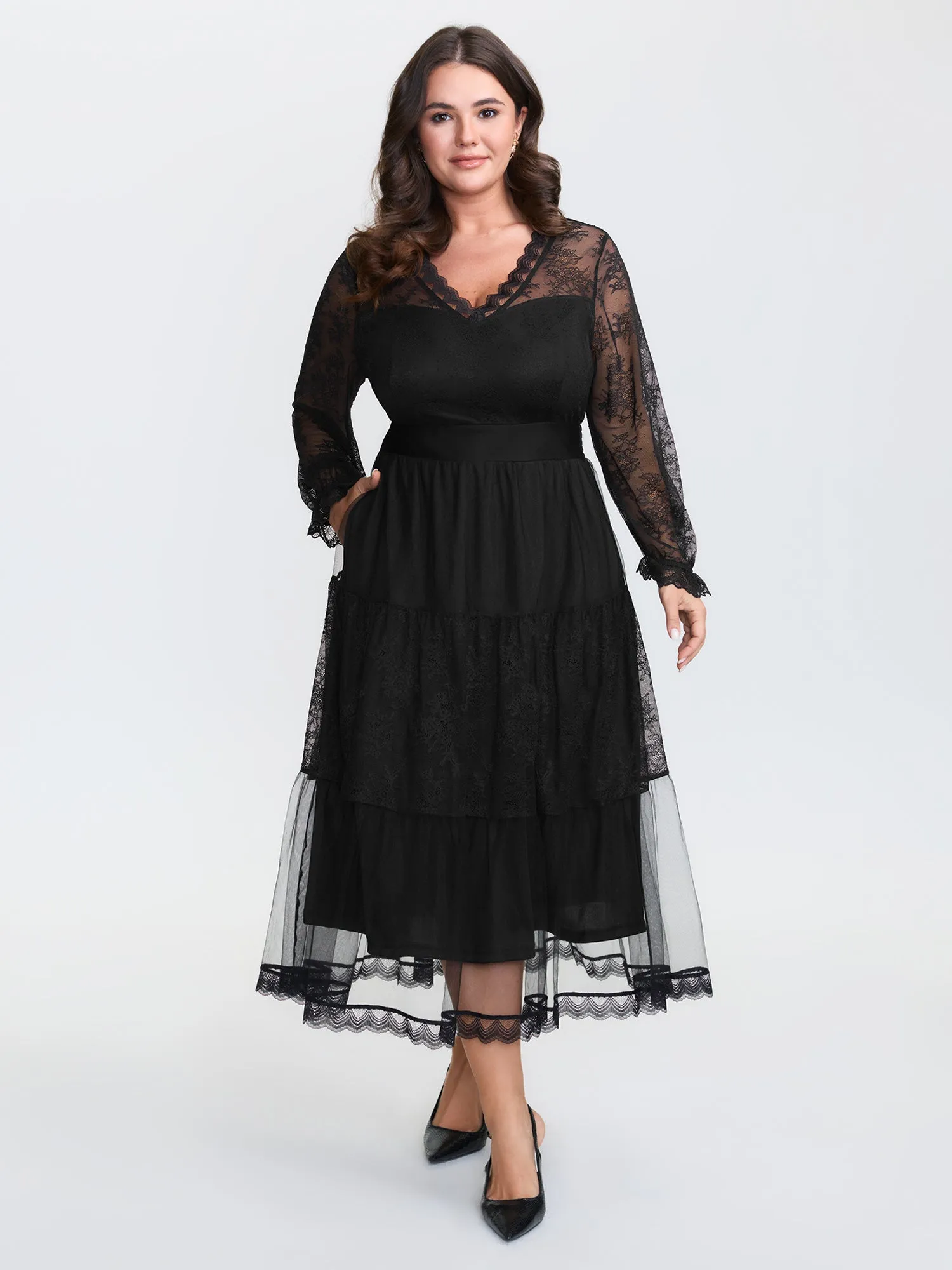 Sheer Lace Trim Stretchy Waist Midi Dress sold by Bloomchic