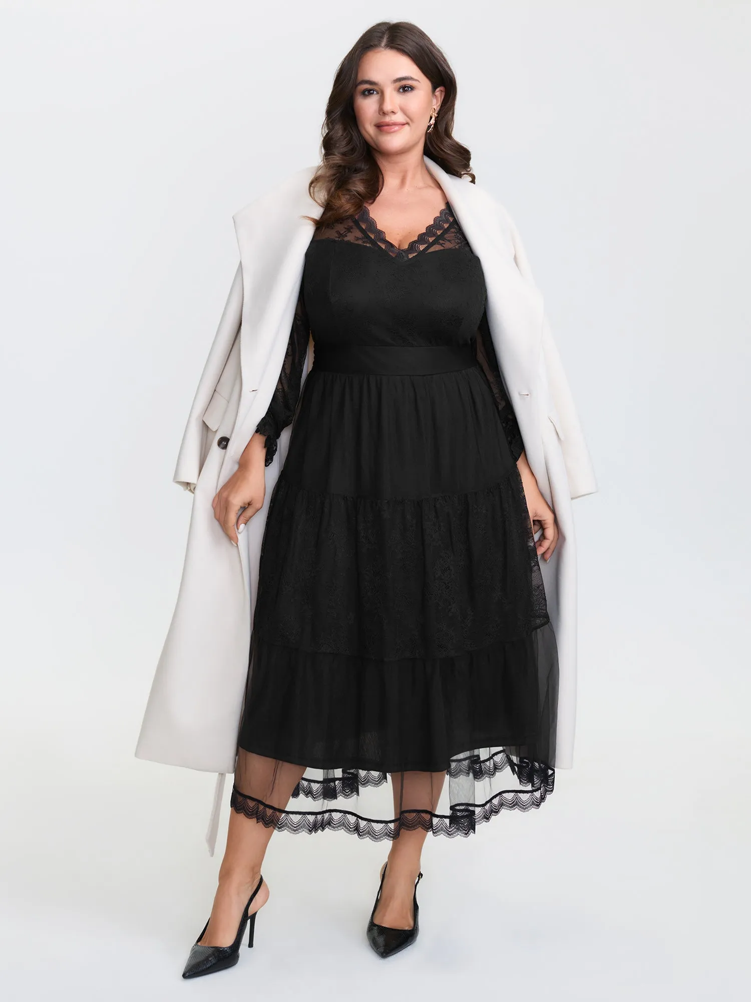 Sheer Lace Trim Stretchy Waist Midi Dress sold by Bloomchic product image thumbnail 2