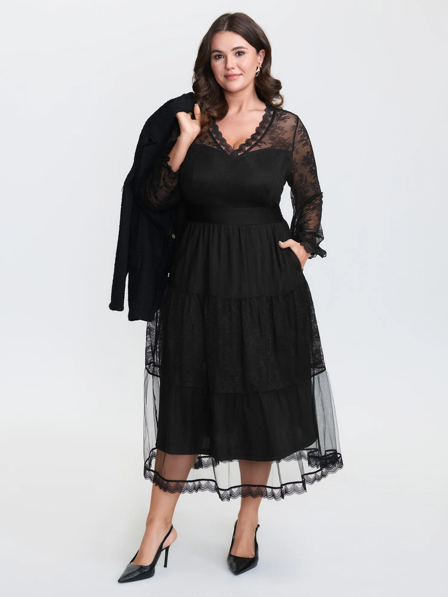 Sheer Lace Trim Stretchy Waist Midi Dress sold by Bloomchic product image thumbnail 3