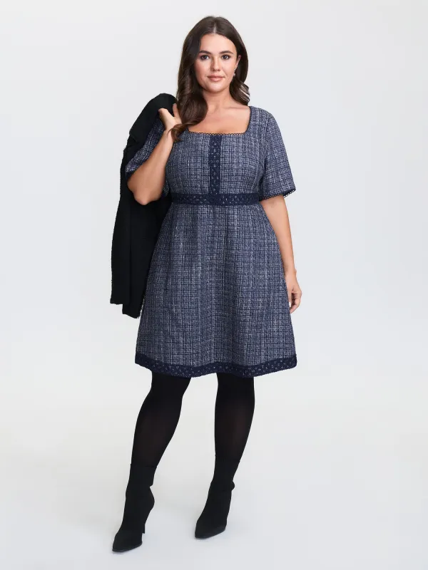 Tweed Lace Trim Square Neckline Midi Dress sold by Bloomchic