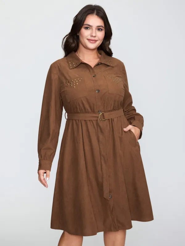 Corduroy Rivets Belted Waist Midi Shirt Dress sold by Bloomchic
