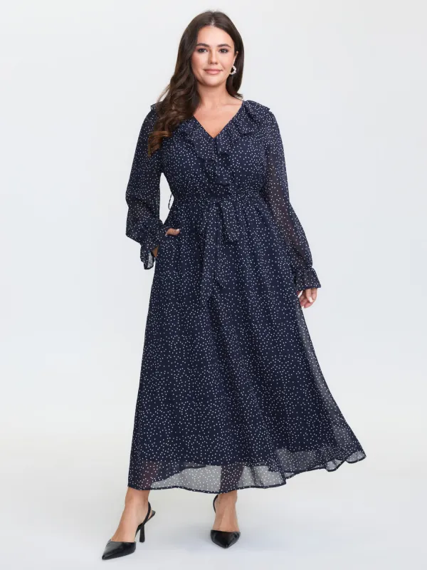 Polka Dots Ruffled Neckline Sheer Maxi Dress sold by Bloomchic