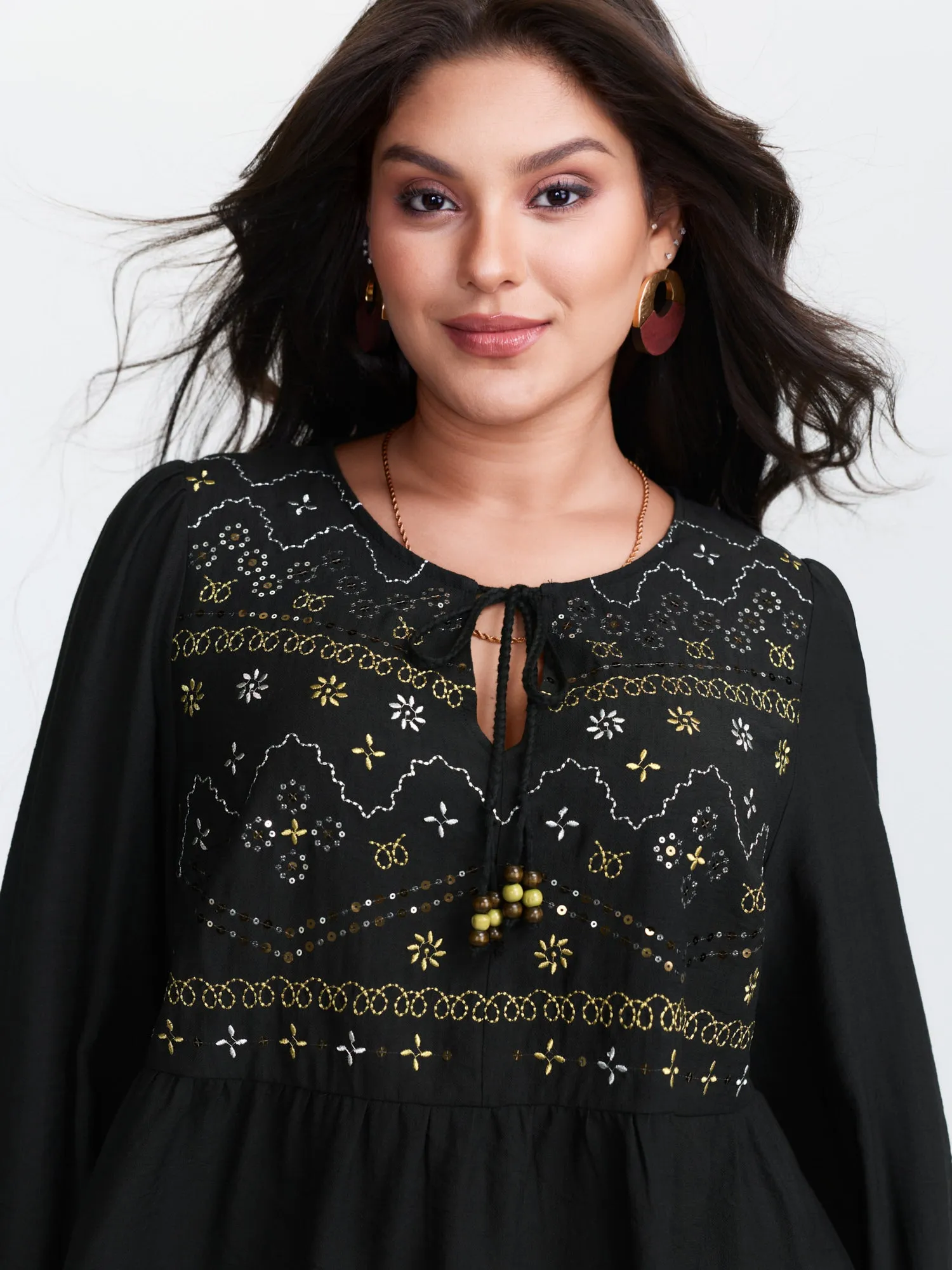 Sequin Embroidery Tassel Tie Blouse sold by Bloomchic product image thumbnail 3