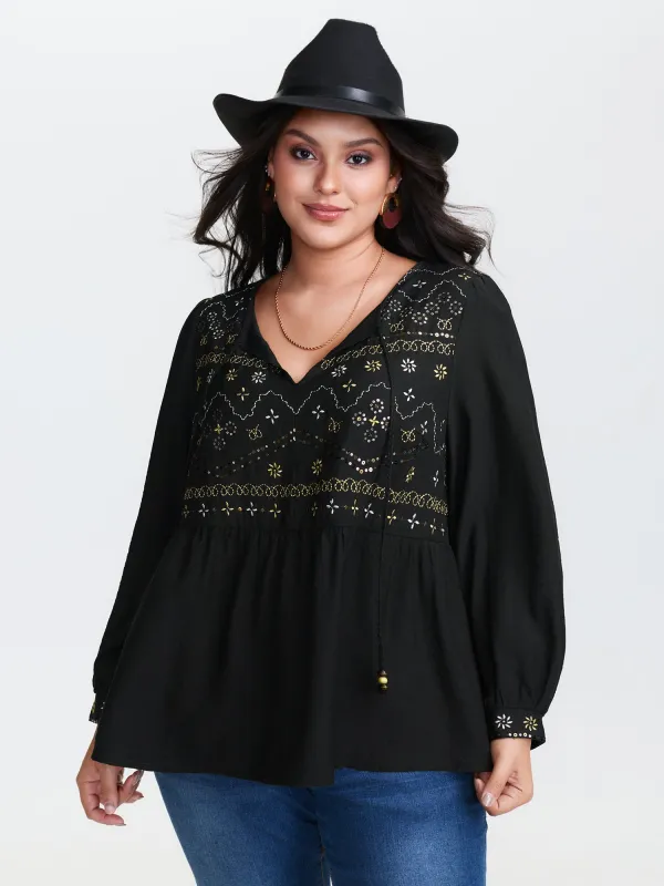 Sequin Embroidery Tassel Tie Blouse sold by Bloomchic