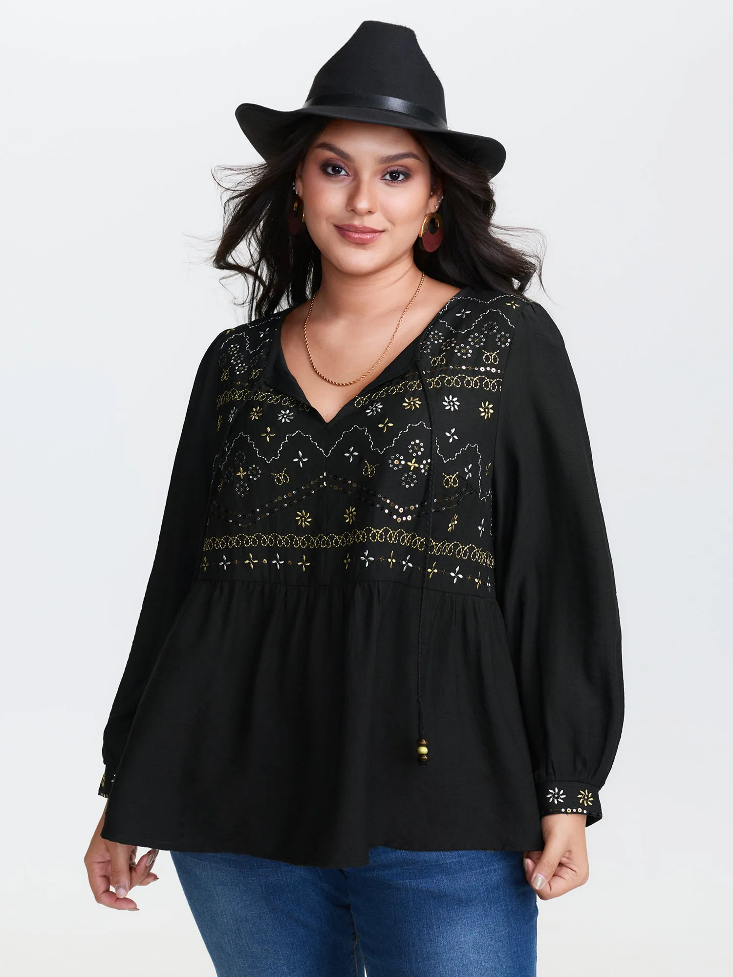 Sequin Embroidery Tassel Tie Blouse sold by Bloomchic