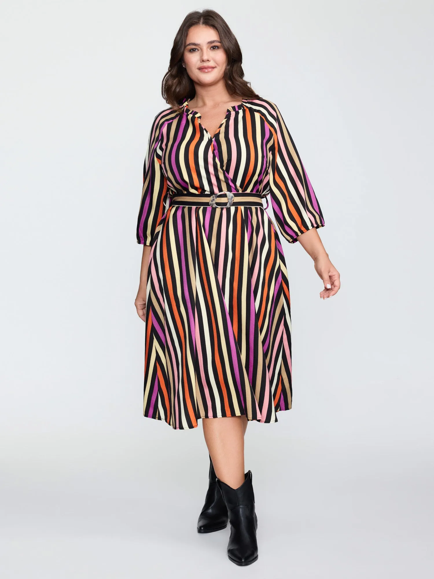 Autumn Stripe Print Belted Waist Midi Dress sold by Bloomchic