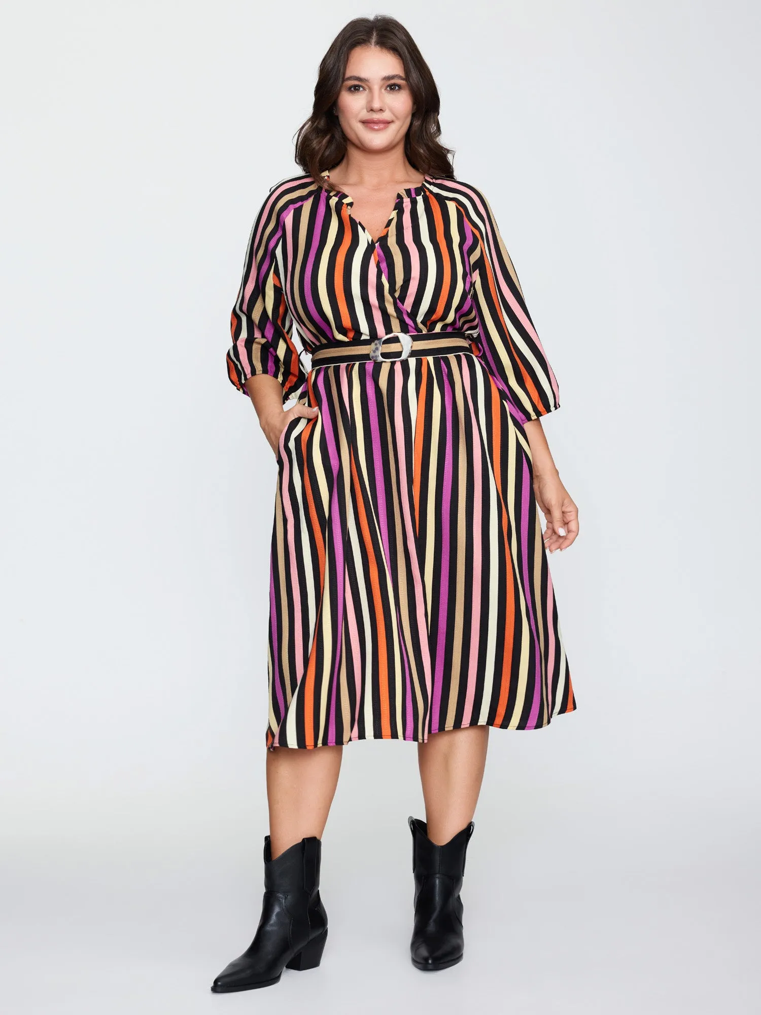 Autumn Stripe Print Belted Waist Midi Dress sold by Bloomchic product image thumbnail 3