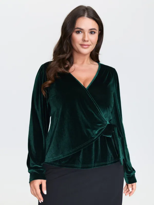 Cheerful Velvet Wrap Tie Blouse sold by Bloomchic