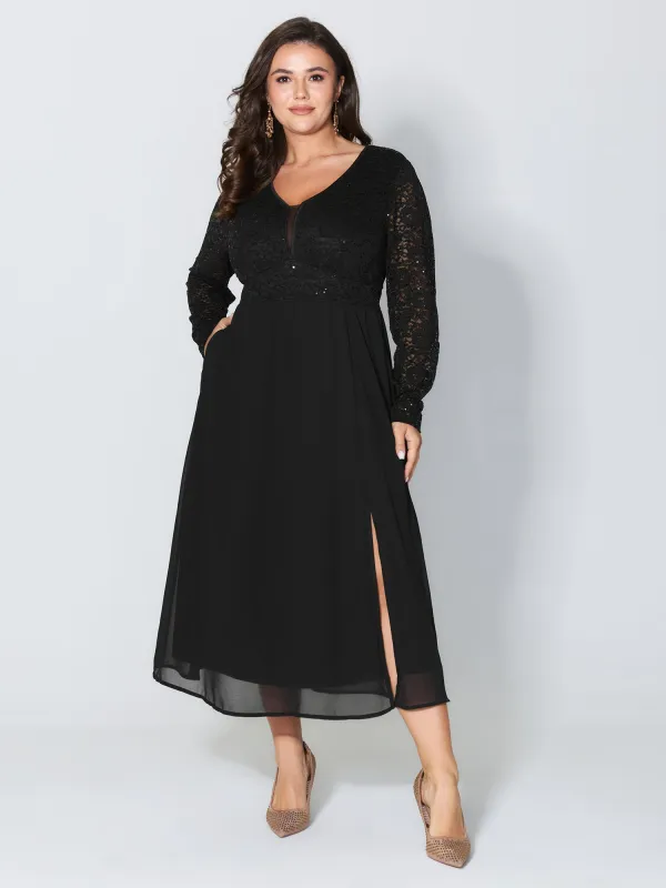 Sheer Lace V-Neck Shirred Waist Midi Dress sold by Bloomchic