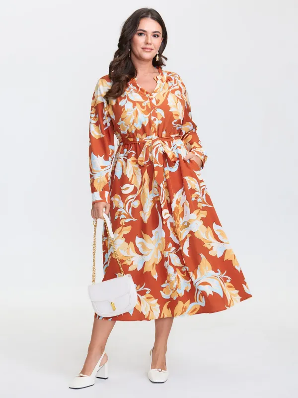 Leaf Print Waist-Defining Ruffled Neck Midi Dress sold by Bloomchic
