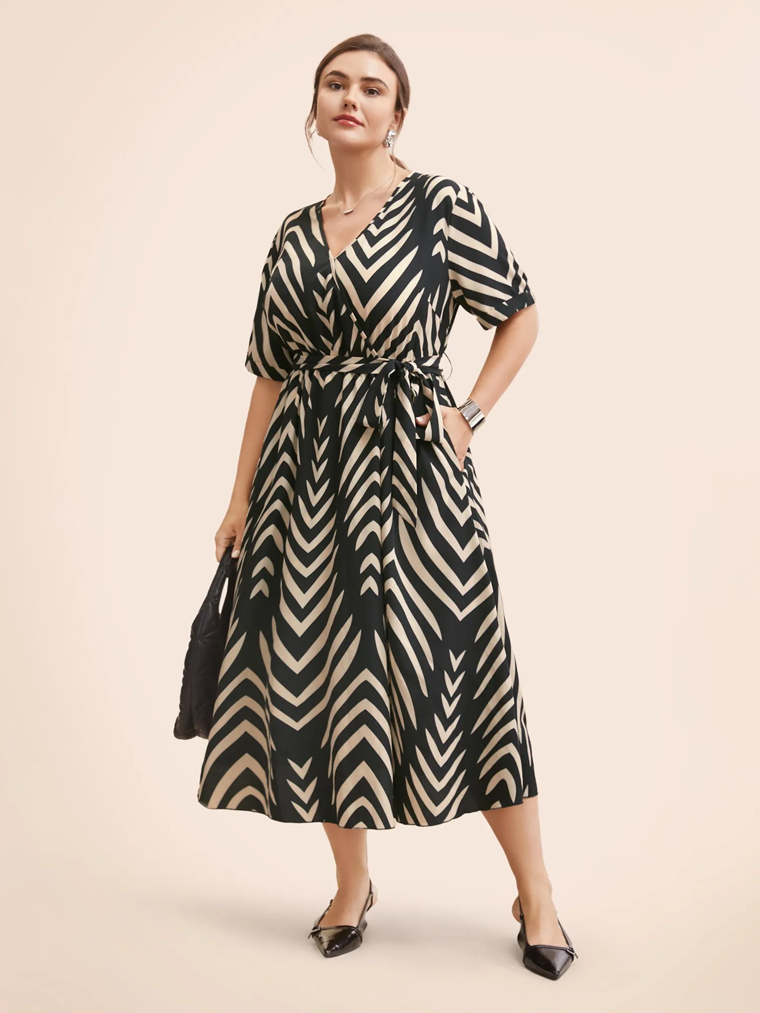 Geometric Striped Overlap Collar Midi Dress sold by Bloomchic