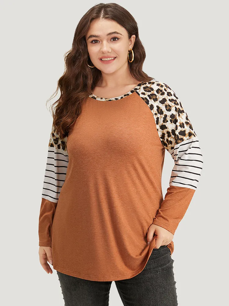 Striped Patchwork Leopard Print Crew Neck T-shirt sold by Bloomchic