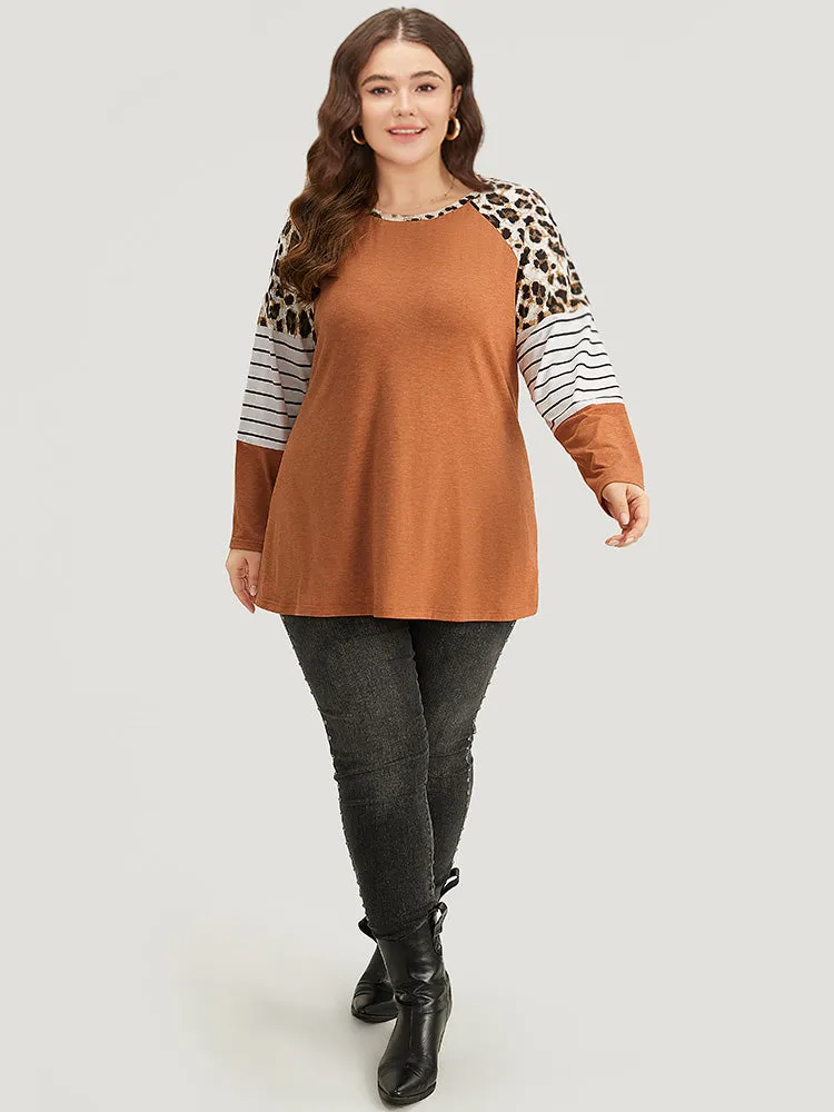 Striped Patchwork Leopard Print Crew Neck T-shirt sold by Bloomchic product image thumbnail 5